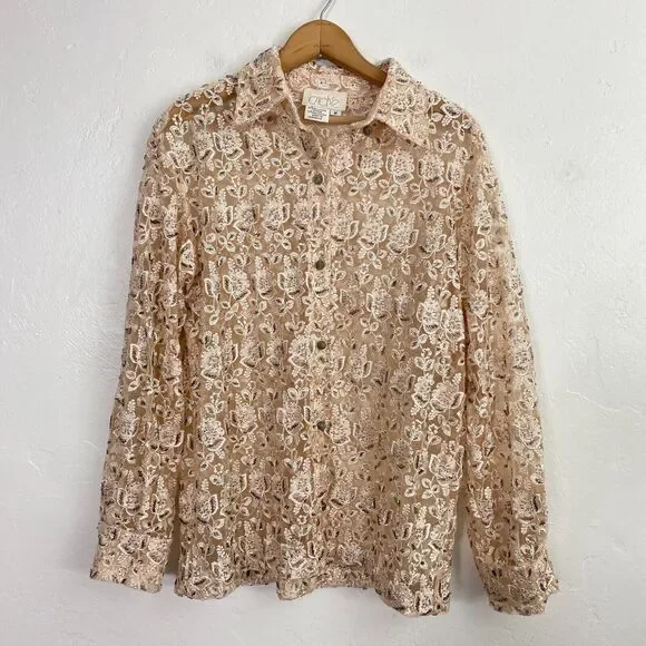 Cache Top Blouse Womens Size Medium Ivory Beaded Lace Floral Heavy - Picture 4 of 13